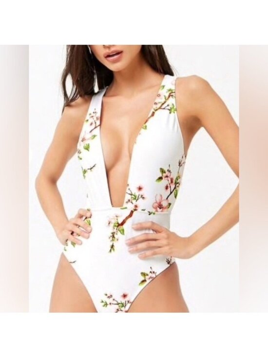 Forever 21 Other - Women's White & Pink Cherry Blossom Plunge V-Neck One-Piece Swimsuit Size XS
